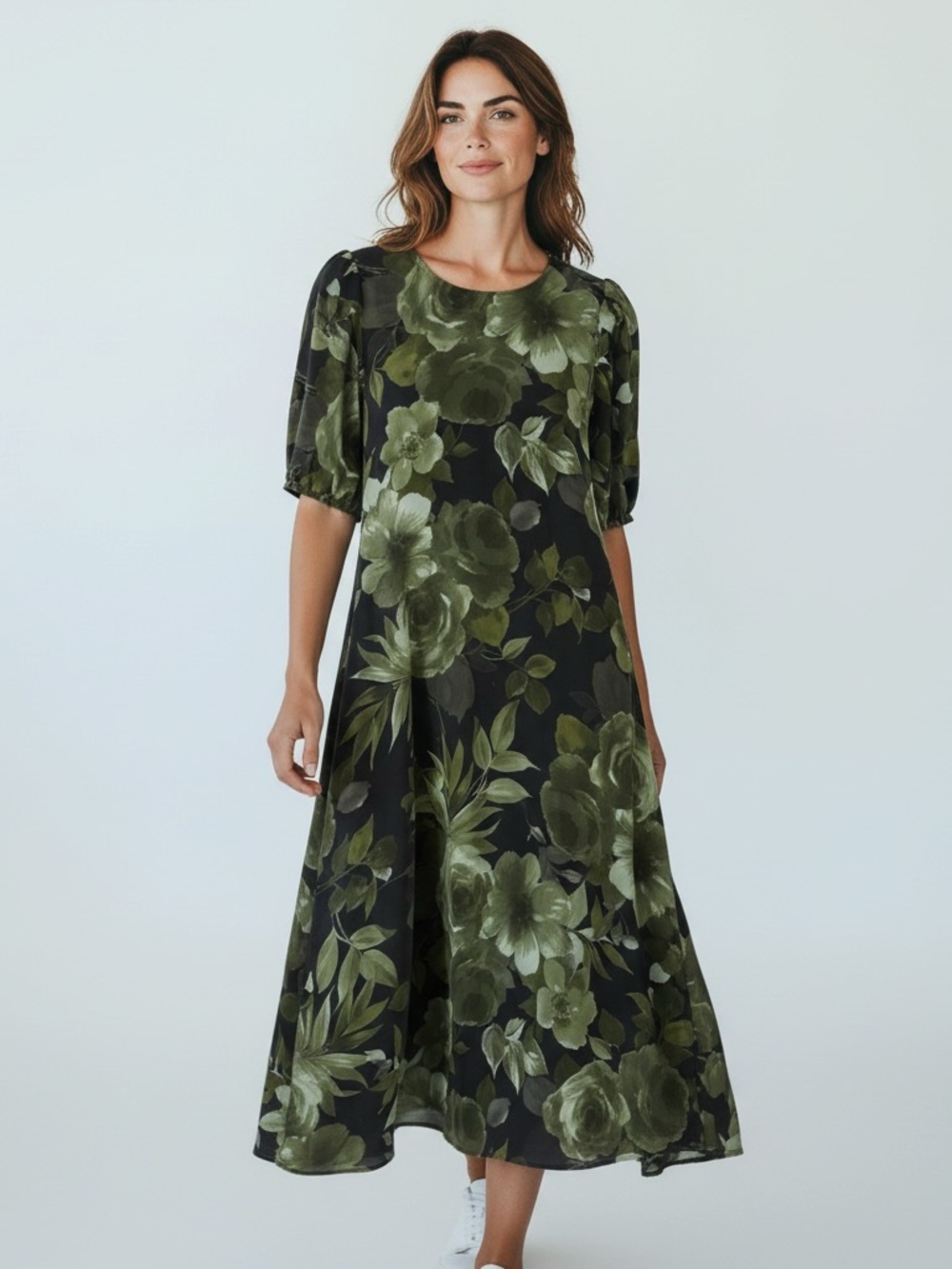 New CONNECTED APPAREL Olive Floral Midi Dress - Black & Green size 4